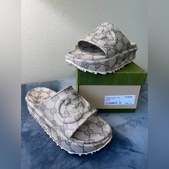 Brand New Gucci Men’s Miami Platform Sandals GG Logo Monogram Size 11 (US 11.5) - Picture 1 of 9